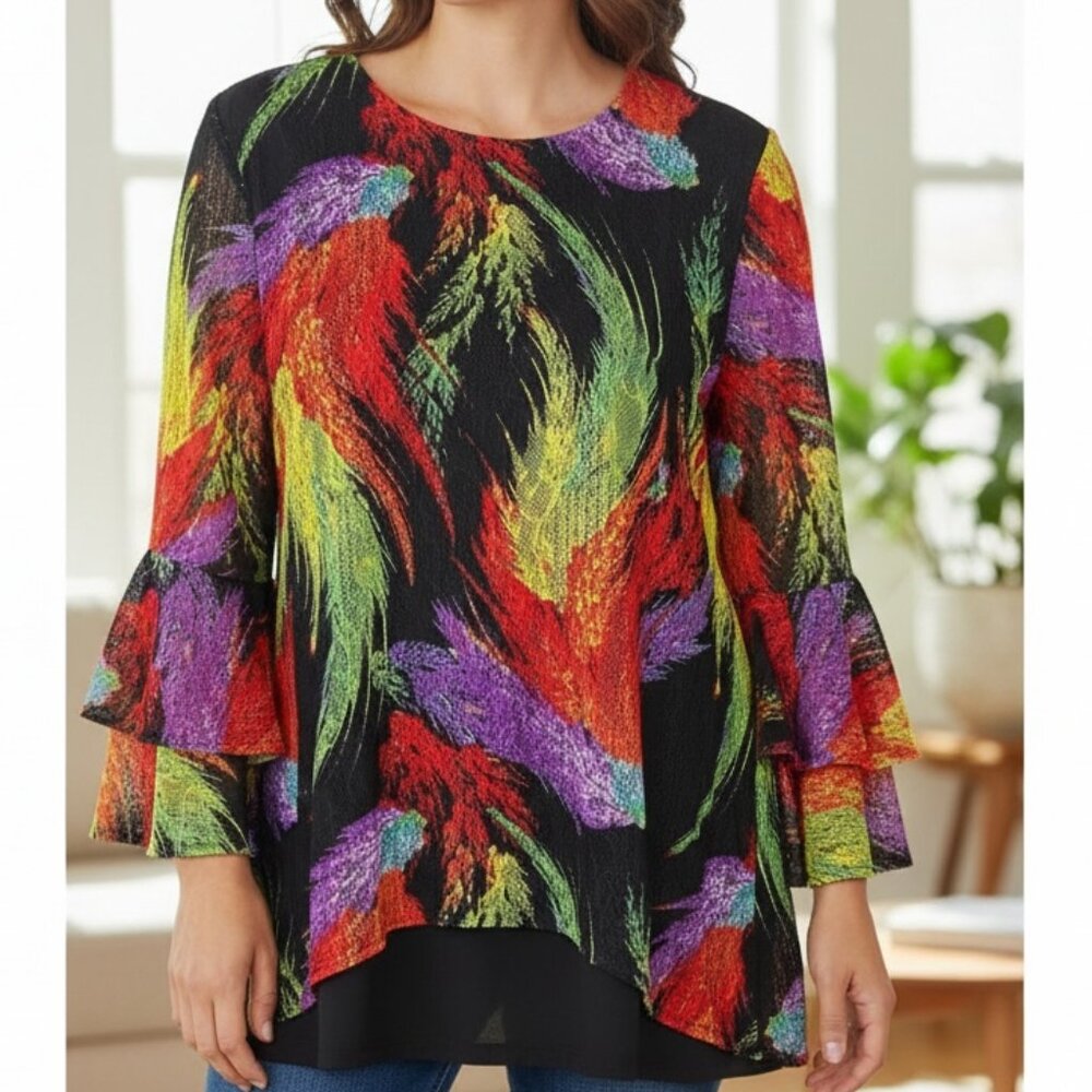 Calessa Layered Tunic Top Bell Sleeve L‎ Tropical Multicolor Feather Print #342D